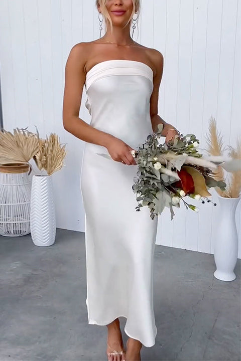 Priyavil Backless Tube Top Solid Satin Maxi Party Dress