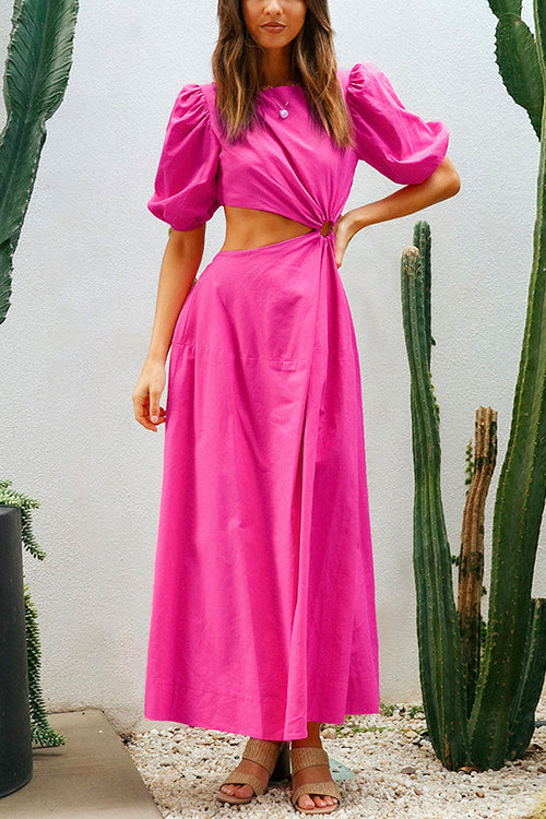 Priyavil Puff Sleeve Cut Out Waist Maxi Vacation Dress