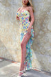 Priyavil Strapless Asymmetric Hem Floral Print Bodycon Midi Dress