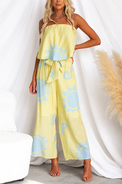 Strapless Crop Top Knot Waist Wide Leg Pants Printed Set