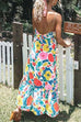 Priyavil V Neck Spaghetti Strap Floral Printed Ruffle Swing Dress