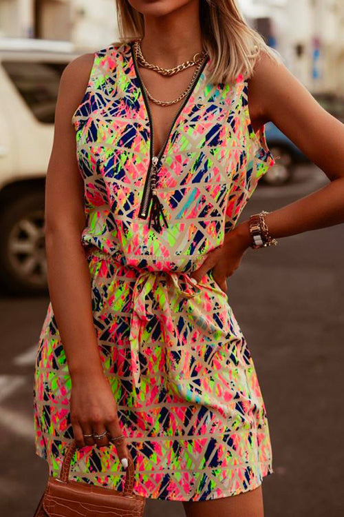 Priyavil Sleeveless Zip Up Tie Waist Printed Mini Dress
