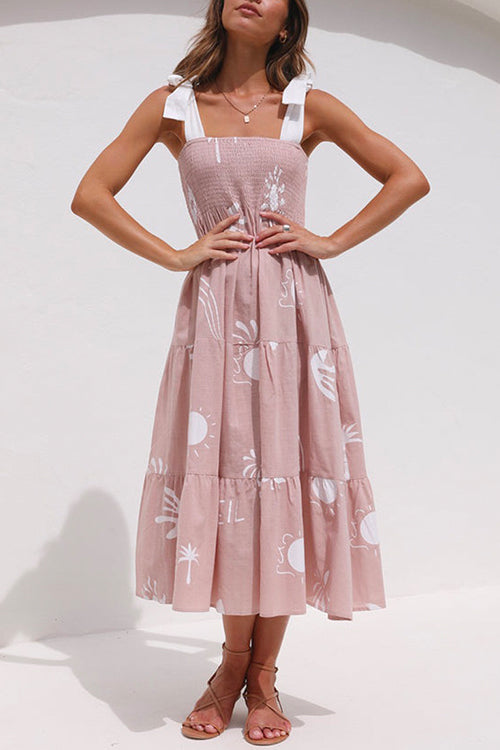 Priyavil Bow Knot Shoulder Smocked Ruffle Tiered Printed Dress
