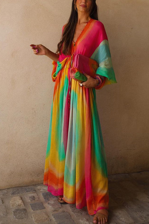 Priyavil V Neck Balloon Sleeves Rainbow Gradient Maxi Swing Dress