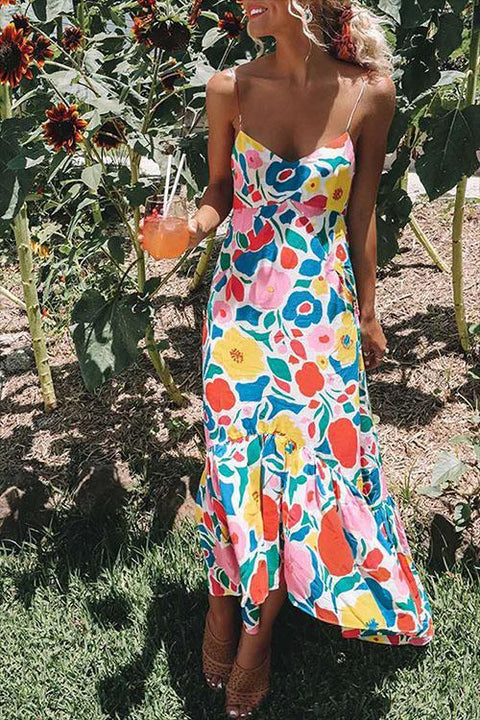 Priyavil V Neck Spaghetti Strap Floral Ruffle Maxi Dress