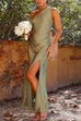 Priyavil Sleeveless One Shoulder Slit Satin Maxi Dress