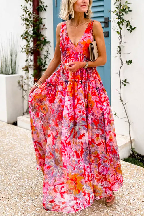 V Neck Sleeveless Floral Print Swing Maxi Vacation Dress