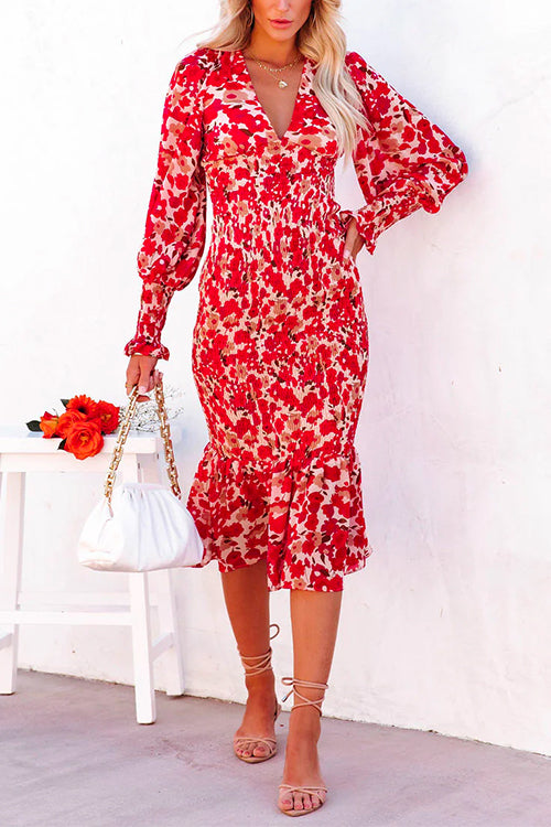 Priyavil V Neck Long Sleeves Dress Printed Mermaid Midi Dress