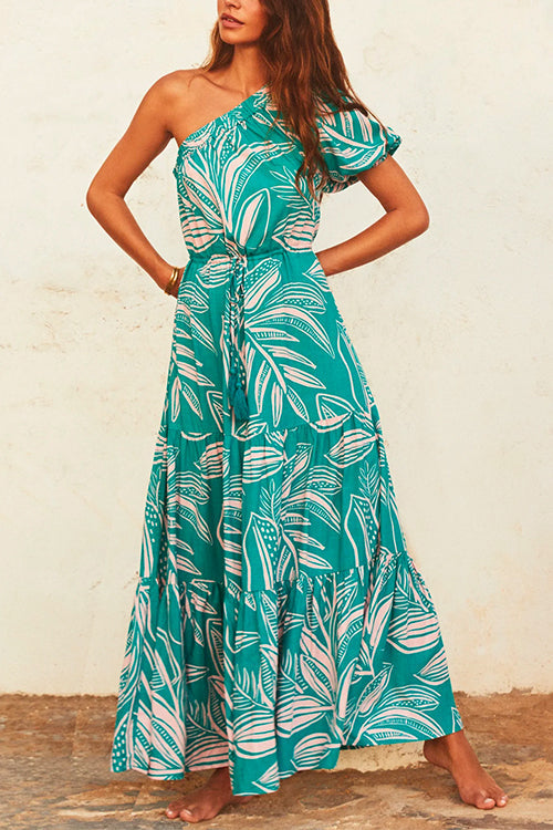 Priyavil One Shoulder Drawstring Waist Printed Flowy Maxi Dress