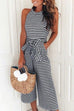 Priyavil Halter Sleeveless Knot Waist Wide Leg Stripes Jumpsuit with Pockets