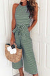 Priyavil Halter Sleeveless Knot Waist Wide Leg Stripes Jumpsuit with Pockets