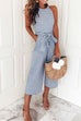 Priyavil Halter Sleeveless Knot Waist Wide Leg Stripes Jumpsuit with Pockets