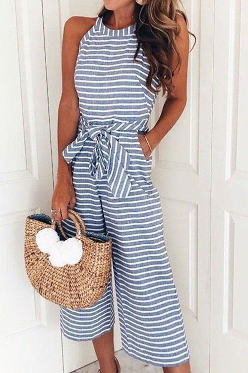 Priyavil Halter Sleeveless Knot Waist Wide Leg Stripes Jumpsuit with Pockets