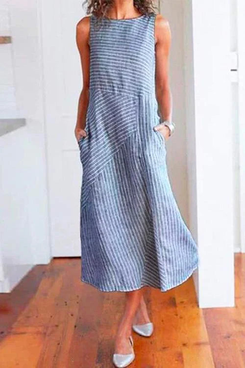Priyavil Crewneck Sleeveless Stripes Dress With Pockets