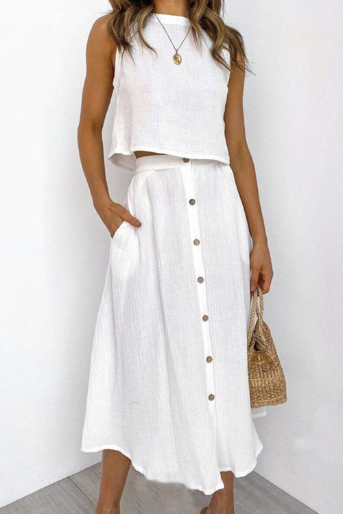 Priyavil Sleeveless Crop Top and High Waist Skirt Cotton Linen Set