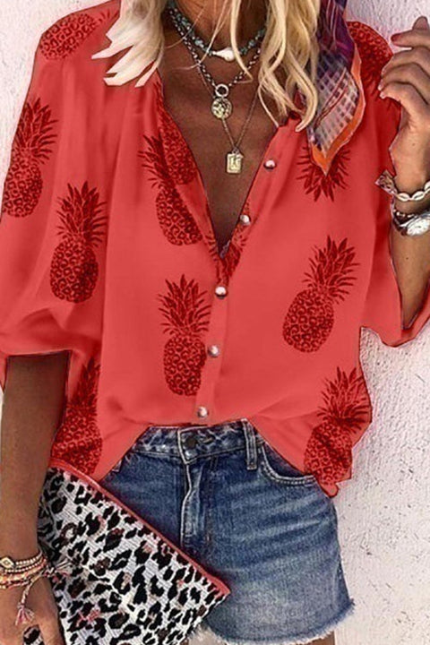 Priyavil V Neck Button Down Pineapple Printed Blouses