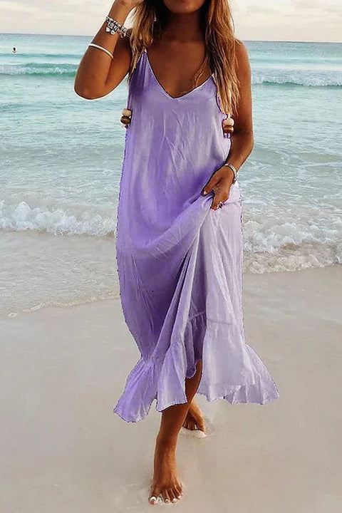 Priyavil Solid V Neck Ruffle Cami Beach Dress