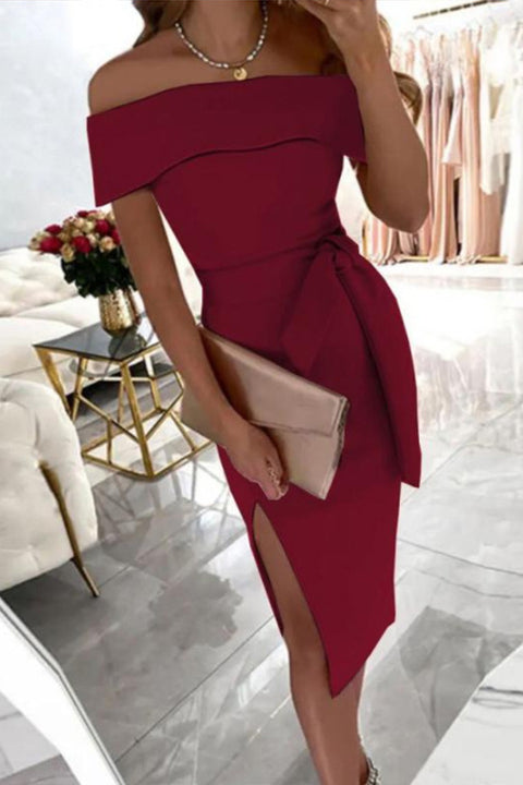 Priyavil Off Shoulder Tie Waist Side Split Dress