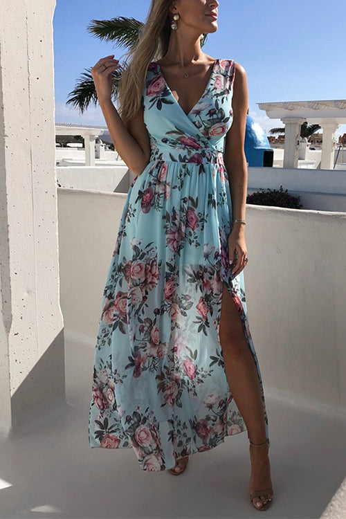 Priyavil Casual Wrap V Neck Sleeveless Slit Printed Dress