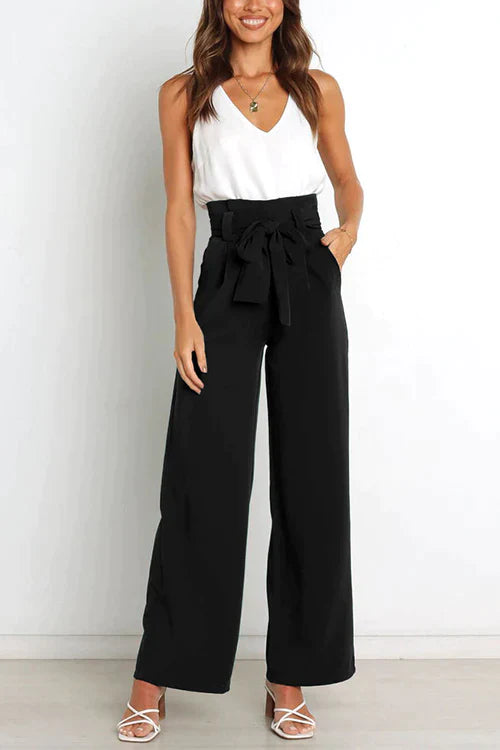 Priyavil Elegant Tie Waist Wide Leg Office Pants