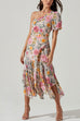 Priyavil One Shoulder Puff Sleeve Ruffle Printed Chiffon Dress