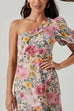 Priyavil One Shoulder Puff Sleeve Ruffle Printed Chiffon Dress