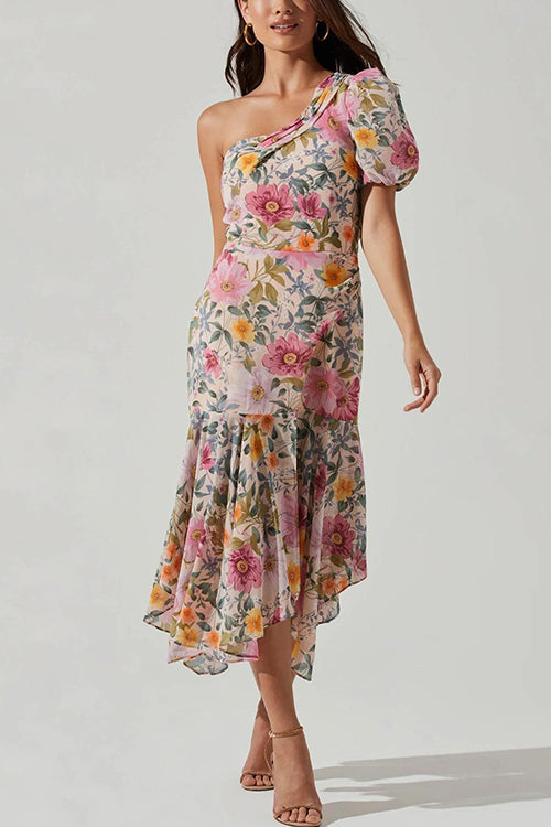 Priyavil One Shoulder Puff Sleeve Ruffle Printed Chiffon Dress