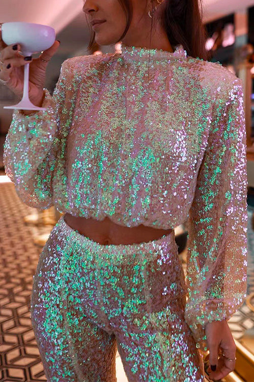 Priyavil Mockneck Lantern Sleeve Sequin Crop Top