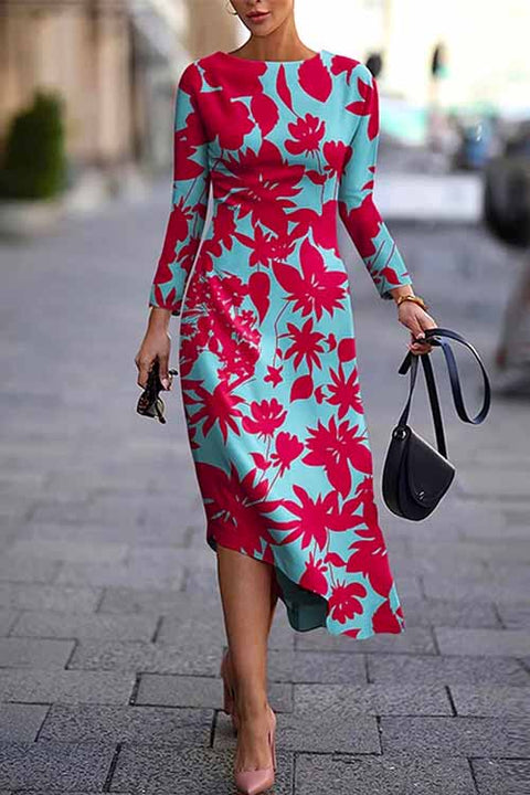 Priyavil Crewneck Long Sleeve Asymmetric Printed Dress