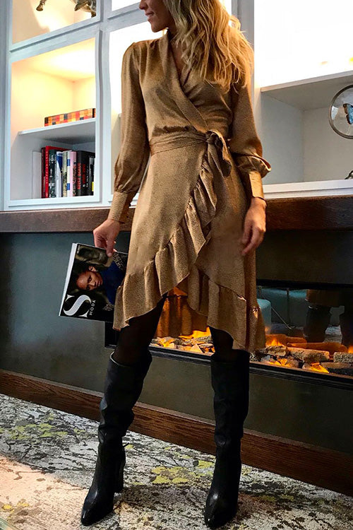 Priyavil Wrap V Neck Long Sleeve Tie Waist Ruffle Dress