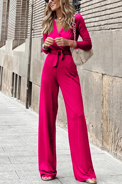 Priyavil Wrap V Neck Long Sleeve Tie Waist Maxi Jumpsuit