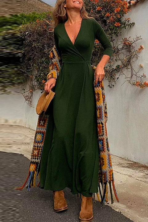 Priyavil Wrap V Neck Long Sleeve Waisted Swing Dress