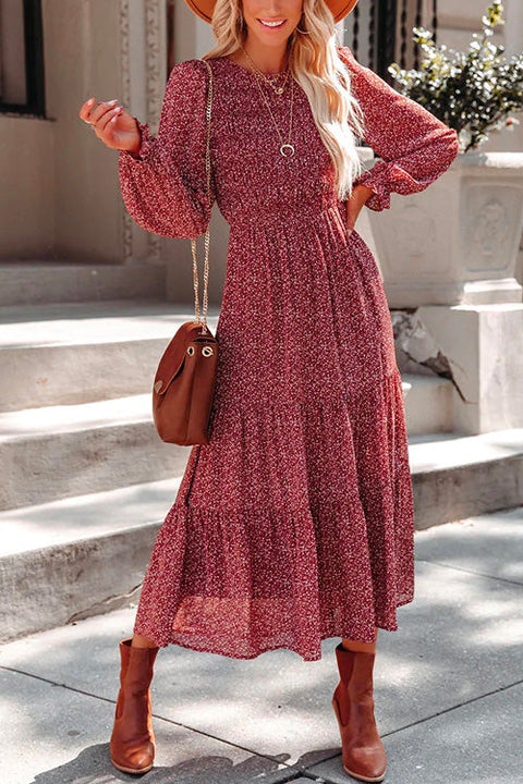 Priyavil Long Sleeve Waisted Printed Swing Dress