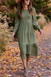 Priyavil Crewneck Frill Smocked Lantern Sleeve Swing Dress