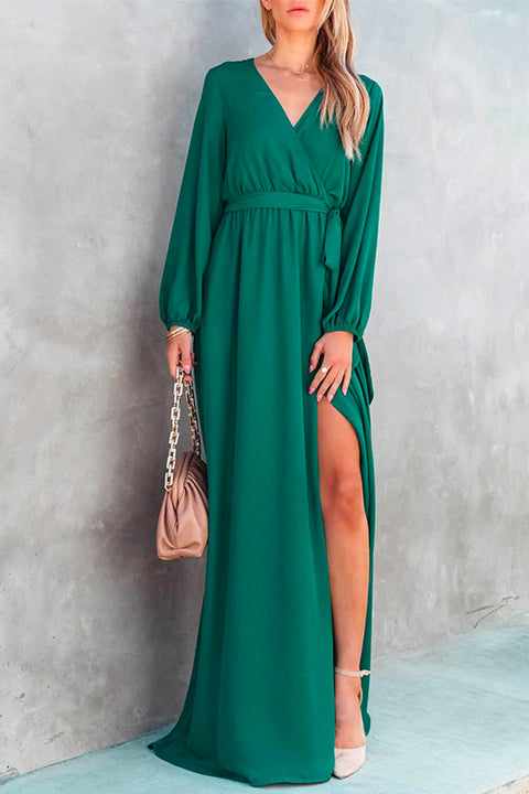 Priyavil Wrap V Neck Long Sleeve Tie Waist Slit Maxi Dress