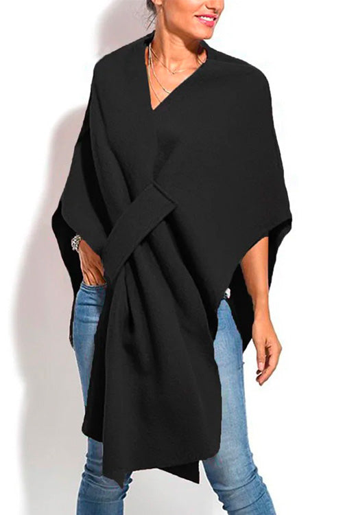Priyavil Solid V Neck Wrapped Batwing Cloak Sweater