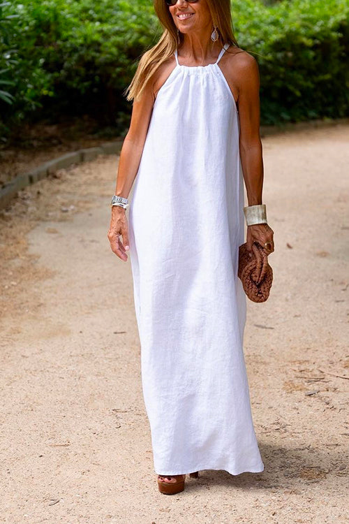 Priyavil Halter Sleeveless Cotton Linen Beach Dress