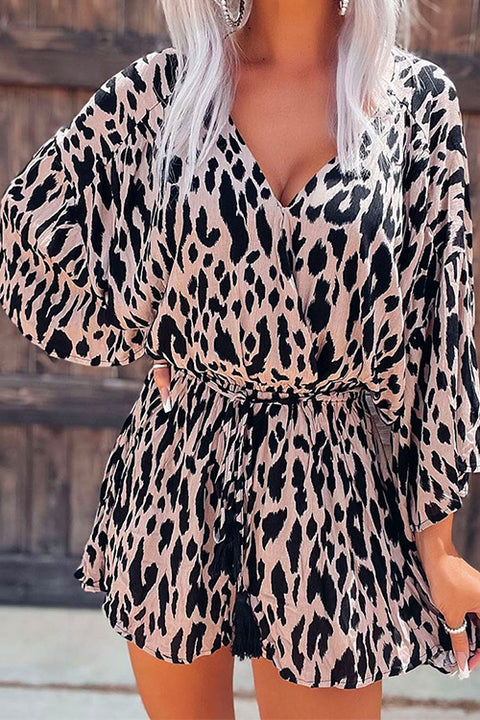 Priyavil Deep V Neck Lantern Sleeve Leopard Romper