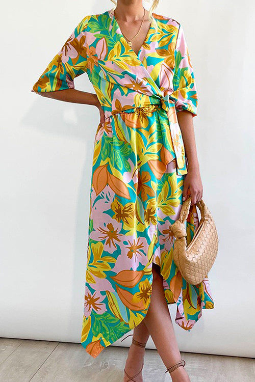 Priyavil Wrap V Neck Lantern Sleeve Tie Waist Printed Dress