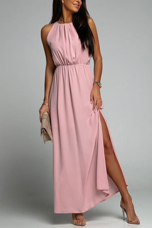 Priyavil Crewneck Sleeveless Waisted Side Split Dress