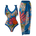 Priyavil V Neck Bow Shoulder One-piece Swimwear and Wrap Cover Up Skirt Printed Set