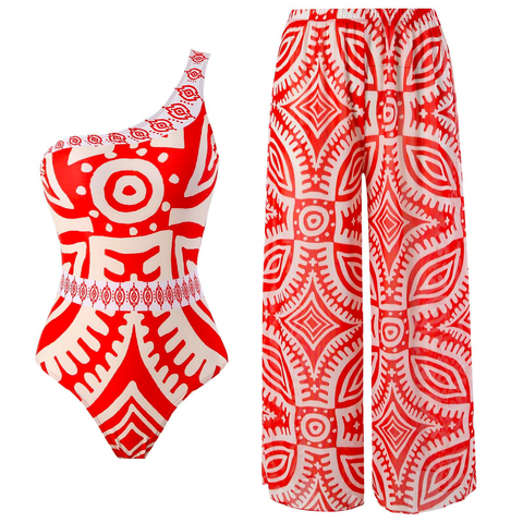 Priyavil Printed One Shoulder Tummy Control Swimsuit and Wide Leg Cover Up Pants Set
