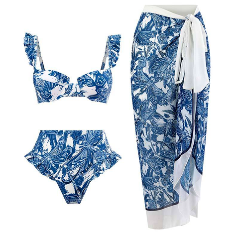 Priyavil Ruffle Trim Two-Piece Swimwear and Wrap Cover Up Skirt Print Set
