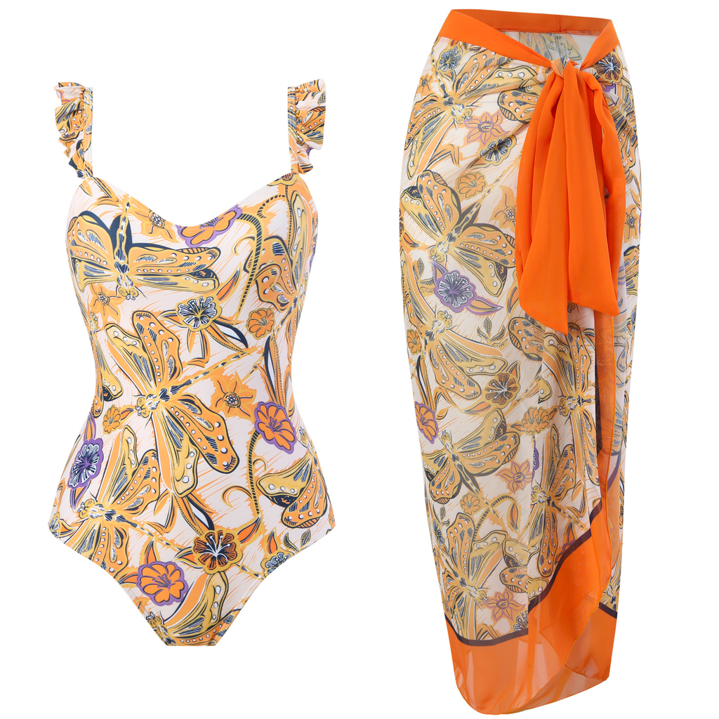 Priyavil Dragonfly Print Ruffle One-piece Swimsuit and Wrap Cover Up Skirt Set