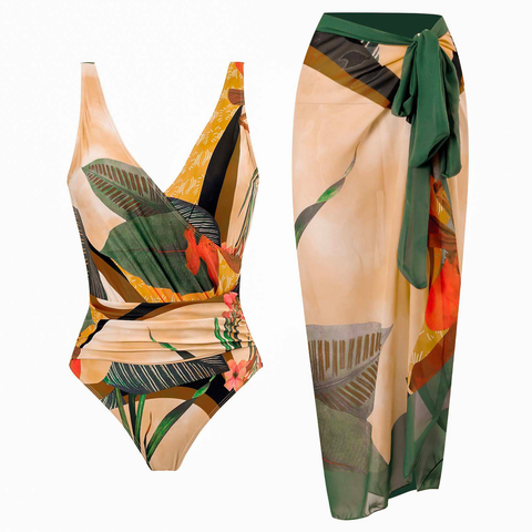 Priyavil Wrap V Neck Ruched One-piece Swimsuit and Wrap Cover Up Skirt Printed Set