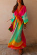 Priyavil V Neck Balloon Sleeves Rainbow Gradient Maxi Swing Dress