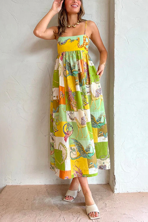 Priyavil Bow Knot Back Dinosaur Printed Cami Maxi Holiday Dress