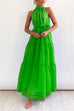 Priyavil Mockneck Tie Waist Ruffle Tiered Plaid Mesh Maxi Swing Dress