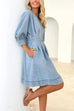V Neck 3/4 Sleeves Button Up Belted Denim Shirt Dress