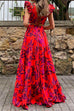 Priyavil Flounce Sleeves Back Lace Up Printed Tiered Maxi Dress